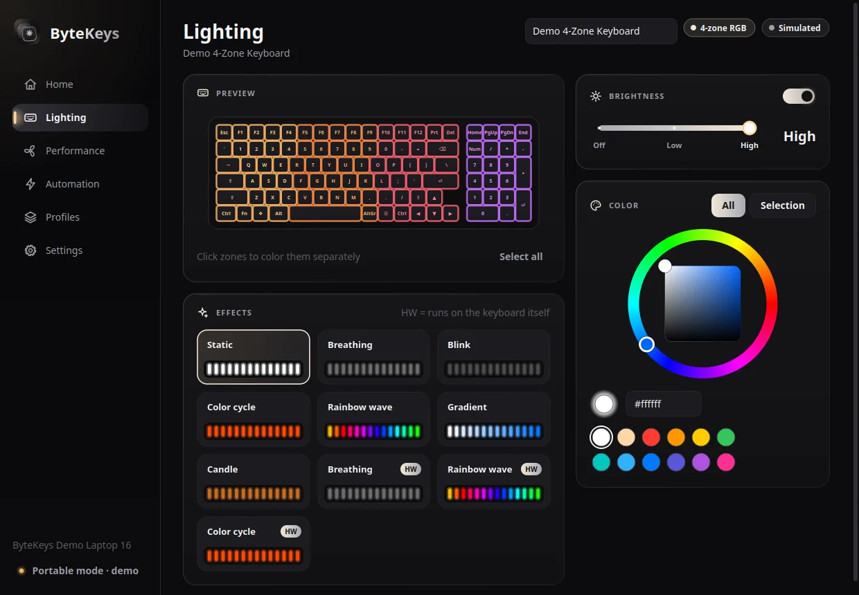 ByteKeys Lighting page with a 4-zone keyboard